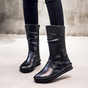 Botas de cuero de invierno hechas a mano para mujeres, botas planas medias-altas, botas cortas, botas negras, botas amarillas, botas de mujer