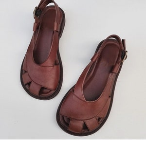 Sandales en cuir à bout large faites à la main, chaussures en cuir plates pour femmes, chaussures Oxford larges d'été pour femmes Marron