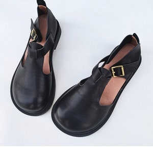 Handmade Women Leather Shoes,Wide toe Shoes, Flat Shoes, Retro Leather Shoes, T-Strap Shoes,Girls' Shoes