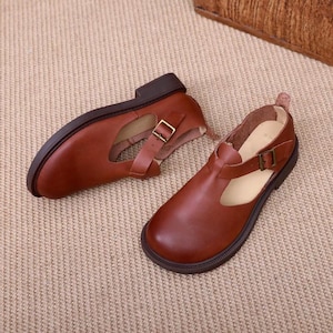 Handmade Women Brown Leather Shoes,Wide toe Shoes, Flat Shoes, Retro Leather Shoes, T-Strap Shoes,Girls&#39; Shoes