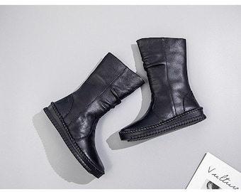 Handmade Winter Leather Boots for Women flat Mid high Boots short