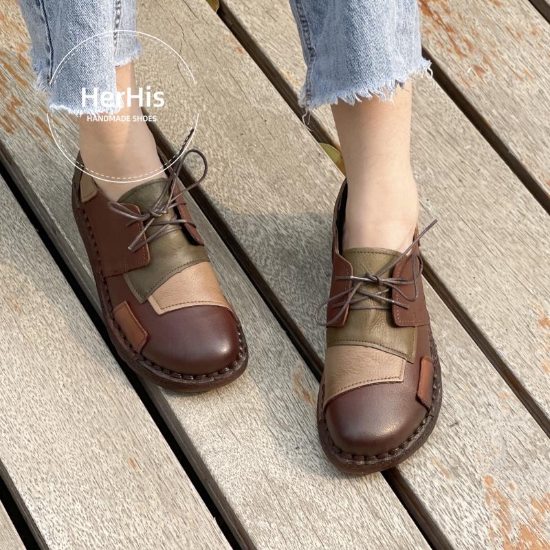 Handmade Flat Leather Tie Shoes for Women,Oxford Retro Shoes,Soft Sole Shoes,Personal Style,Gift for Her