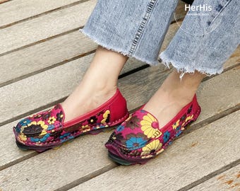 Zapatos de cuero hechos a mano para mujer, zapatos sin cordones, zapatos con flores, zapatos Oxford retro, zapatos de suela blanda, zapatos de estilo personal, zapatos de estilo muy cómodo