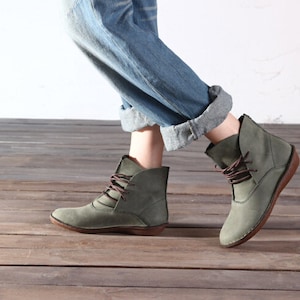 Large Size Handmade Green Shoes,Ankle Boots,Oxford Women Shoes, Flat Shoes, Retro Leather Shoes, Casual Shoes, Short Boots,