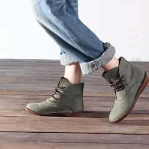 Große Größe handgefertigte grüne Schuhe, Ankle Stiefel, Oxford Women Shoes, Flat Shoes, Retro Leder Schuhe, Casual Shoes, Short Boots,