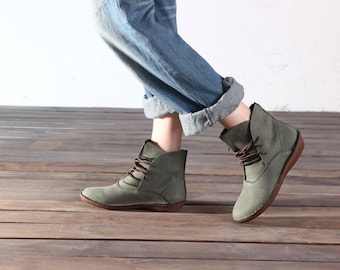 Large Size Handmade Green Shoes,Ankle Boots,Oxford Women Shoes, Flat Shoes, Retro Leather Shoes, Casual Shoes, Short Boots,