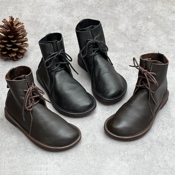 Handmade Women Tie Shoes,Brown Leather Ankle Boots,Big Toe boots,Oxford Women Shoes,Casual Shoes,Short Boots,Black Booties,Her Gifts
