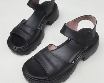 Handmade Genuine Leather High Platform Sandals, Black Leather Sandals,Oxford Retro Women platform Shoes,Summer Shoes