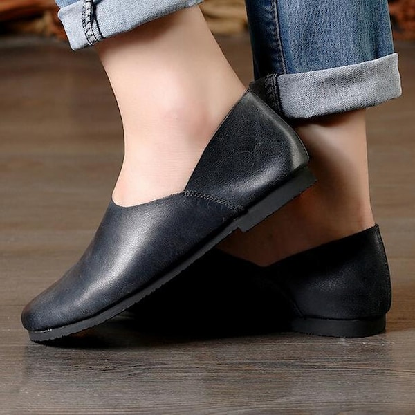 2 Colors! Handmade Soft Leather Flat Shoes,Oxford Women Shoes, Flat Shoes, Slip-ons, Loafers, Ballet Shoes,Black Shoes, Gray Shoes