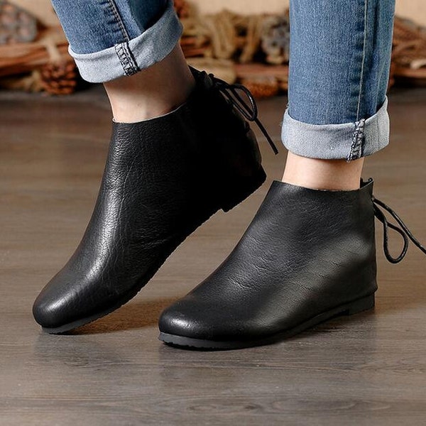 Handmade Black Shoes,Ankle Boots,Oxford Women Fall Shoes, Flat Tie-Back Shoes, Retro Leather Shoes, Casual Shoes, Soft Flat Booties