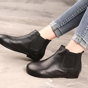 Handmade Women Black Leather Shoes,Ankle Boots,Oxford Women Shoes,Flat Shoes,Casual Shoes, Autumn Short Boots,Winter Booties image 3