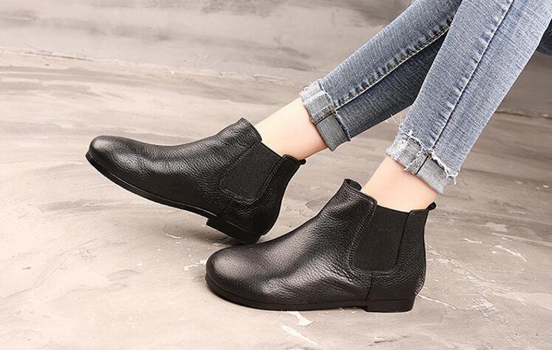 Handmade Women Black Leather Shoes,Ankle Boots,Oxford Women Shoes,Flat Shoes,Casual Shoes, Autumn Short Boots,Winter Booties image 3