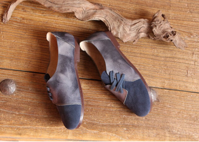 Handgemaakte damesschoenen, donkerblauwe Oxford schoenen, platte schoenen, retro leren schoenen, casual schoenen, Slip Ons, Loafers afbeelding 4