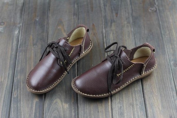 Handmade Women Leather Shoes,oxford Soft Shoes, Flat Shoes, Brown