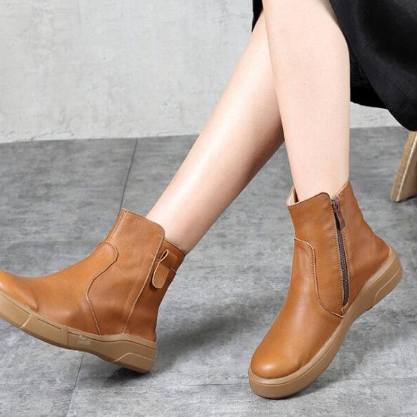 Women Oxford Ankle Boots, Flat Shoes, Retro Leather Shoes, Handmade Short Boots,Booties,Black Booties,Brown Boots,Autumn Shoes,Winter Boots