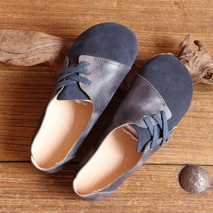 Handgemaakte damesschoenen, donkerblauwe Oxford schoenen, platte schoenen, retro leren schoenen, casual schoenen, Slip Ons, Loafers afbeelding 3