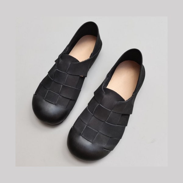 Chaussures plates en cuir faites à la main pour femmes, chaussures rétro Oxford, chaussures à semelle souple, chaussures à enfiler de style personnel, chaussures pieds nus pour femmes