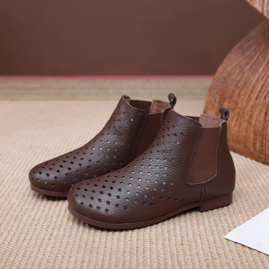 genuine leather brown women's dress boots on sale Handmade Women Hollow Booties, Leather Short Boots, Oxford Retro Women Shoes, Flat Shoes,Personal ankle boots,Women Sandals marked moulded rubber outsole Kosher Elegant Ladies Brown Colour