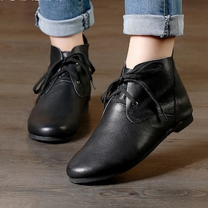 Handmade Black Shoes,Ankle Boots,Oxford Women Fall Shoes, Flat Tie Shoes, Retro Leather Shoes, Casual Shoes, Booties