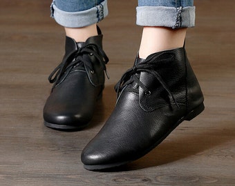 Handmade Black Shoes,Ankle Boots,Oxford Women Fall Shoes, Flat Tie Shoes, Retro Leather Shoes, Casual Shoes, Booties