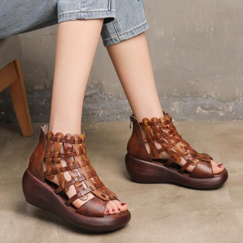Handmade High Platform Sandals Brown Leather Sandals - Etsy
