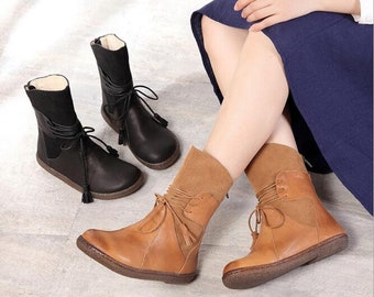 Handmade Mid-High Boots,Oxford Women Shoes,Flat Shoes, Retro Leather Shoes, Casual Boots