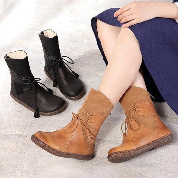 Handmade Mid-High Boots,Oxford Women Shoes,Flat Shoes, Retro Leather Shoes, Casual Boots