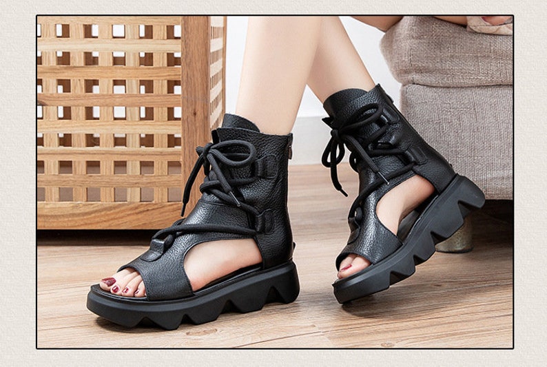 Women Platform Sandals Black Leather Sandals BootiesOxford | Etsy