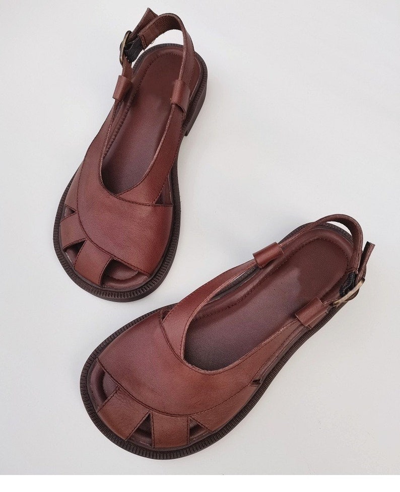 Sandales en cuir à bout large faites à la main, chaussures en cuir plates pour femmes, chaussures Oxford larges d'été pour femmes image 3