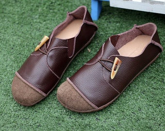 Large Size Dark Brown Handmade Shoes,Oxford Women Shoes, Flat Shoes, Retro Leather Shoes, Casual Shoes