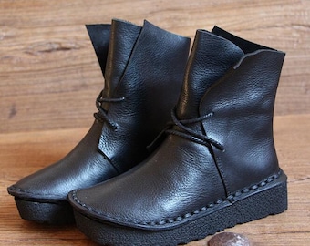 Handmade Black Women Leather Boots,Oxford Retro Women Shoes, Flat Soft Shoes,Fall Boots,Personal Style Boots, Ankle Boots, Booties