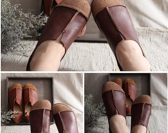 Brown Handmade Shoes,Oxford Women Shoes, Flat Shoes, Retro Leather Shoes, Casual Shoes