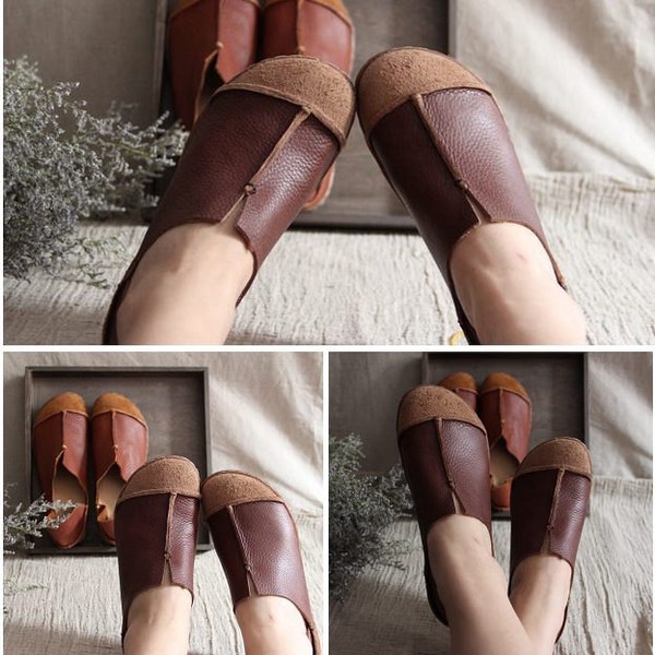 Brown Handmade Shoes,Oxford Women Shoes, Flat Shoes, Retro Leather Shoes, Casual Shoes