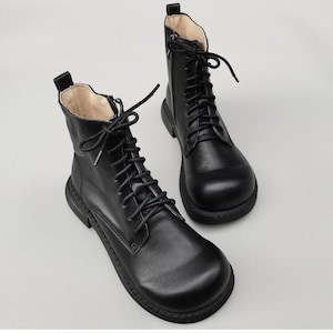 Botines de cuero negro hechos a mano, botines con punta ancha, zapatos Oxford para mujer, zapatos casuales, botines cortos, botines, botines negros, regalos para ella