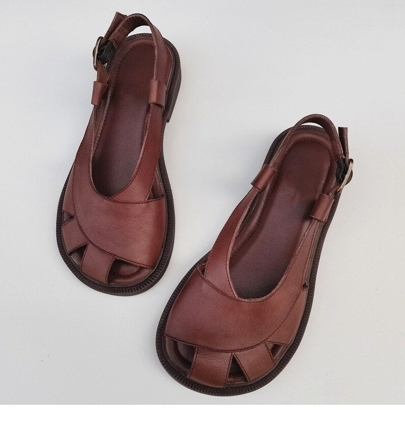 Sandales en cuir à bout large faites à la main, chaussures en cuir plates pour femmes, chaussures Oxford larges d'été pour femmes Marron