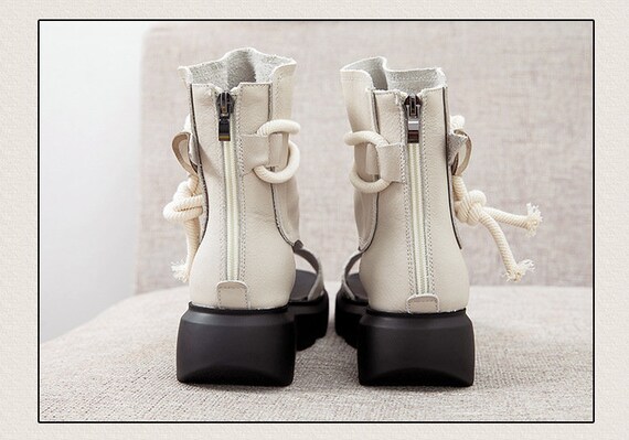 White Leather Sandals Booties,Oxford Retro Women platform Shoes Handmade High Platform Sandals