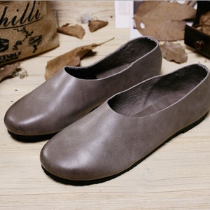 Handmade Gray Soft Shoes,Oxford Women Shoes, Flat Shoes, Retro Leather Shoes, Slip-ons, Loafers, Ballet Shoes