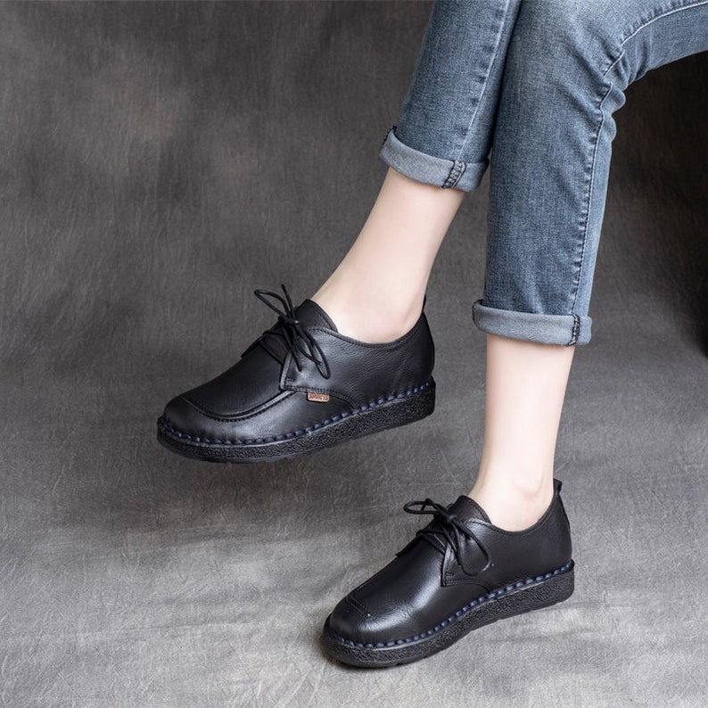 Handmade Leather Shoes for Women,Oxford Retro Shoes,Soft Sole Shoes,Personal Style Flat Simple Tie Shoes Black