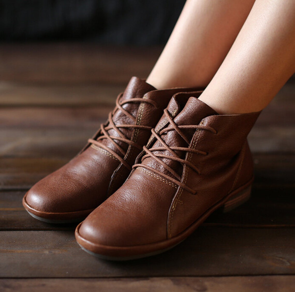 Handmade Brown Shoes for Womenankle Bootsflat Shoes Retro Etsy