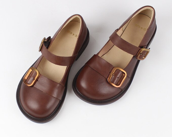 Women Handmade Mary Janes Shoes, Leather Shoes,wide Toe Shoes, Flat Shoes,fashionable Leather