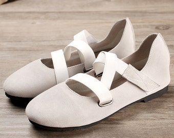 Grijze handgemaakte balletschoenen, Oxford damesschoenen, platte leren schoenen, retro zachte leren schoenen, casual schoenen