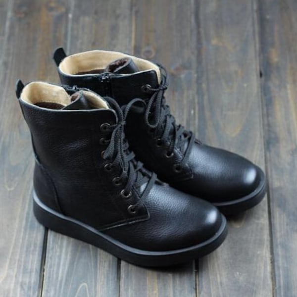 SALE! Winter Women Shoes, Flat Short Boots,Genius Leather Shoes, Women Black Leather Shoes, Leather Booties, Winter Shoes, Casual Shoes