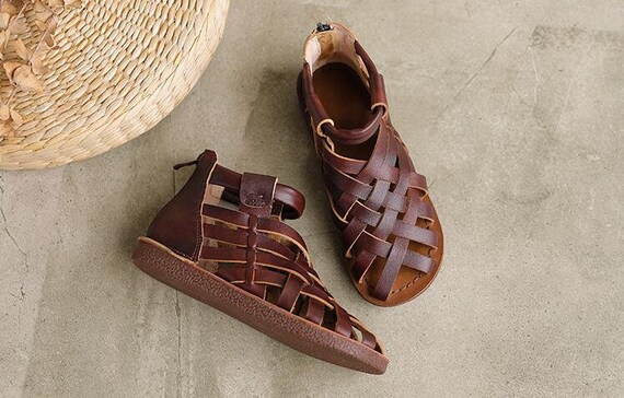 Handgemaakte lederen sandalen geweven open-teen vrouwen - Etsy België