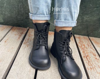Handmade Black Leather Ankle Boots,Big Toe boots,Oxford Women Shoes,Casual Shoes,Short Boots,Booties,Black Booties,Her Gifts