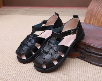 Handmade Leather Black Sandals,Wide Toe Sandals,Women Flat Shoes, Women's Summer wide Oxford Shoes