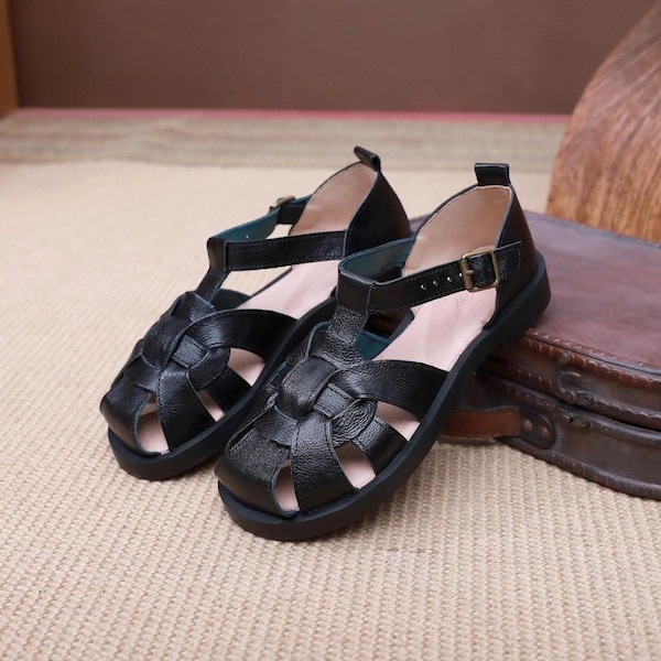 Handmade Leather Black Sandals,Wide Toe Sandals,Women Flat Shoes, Women's Summer wide Oxford Shoes