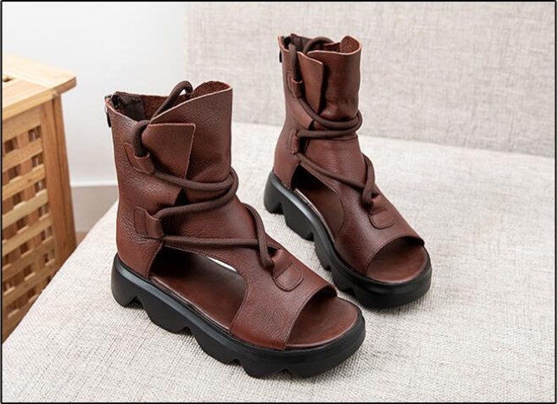 Women Platform Sandals Brown Leather Sandals Bootiesoxford Etsy