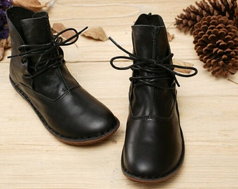 Handmade Shoes,Black Ankle Boots,Oxford Women Shoes, Flat Shoes, Retro Leather Shoes, Casual Shoes, Short Boots,