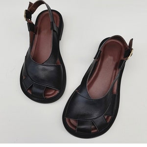 Sandales en cuir à bout large faites à la main, chaussures en cuir plates pour femmes, chaussures Oxford larges d'été pour femmes Noir