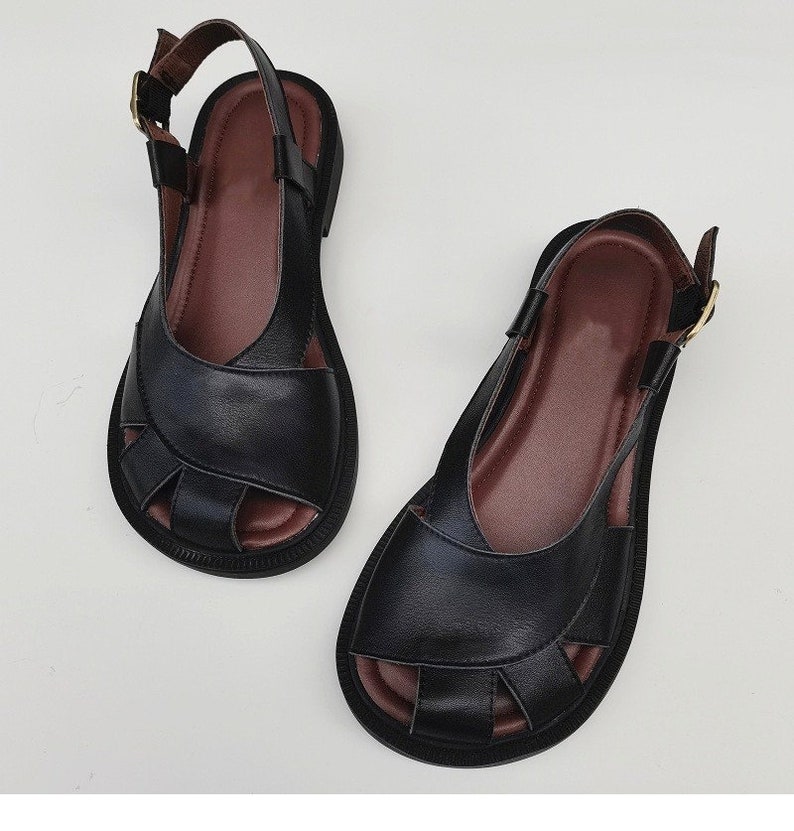 Sandales en cuir à bout large faites à la main, chaussures en cuir plates pour femmes, chaussures Oxford larges d'été pour femmes Noir